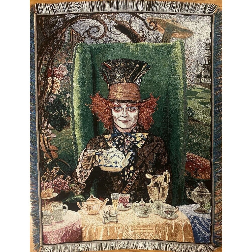 Mad Hatter Tea Party Woven Throw Tapestry Fringe Alicecore Wall Hanging 60"